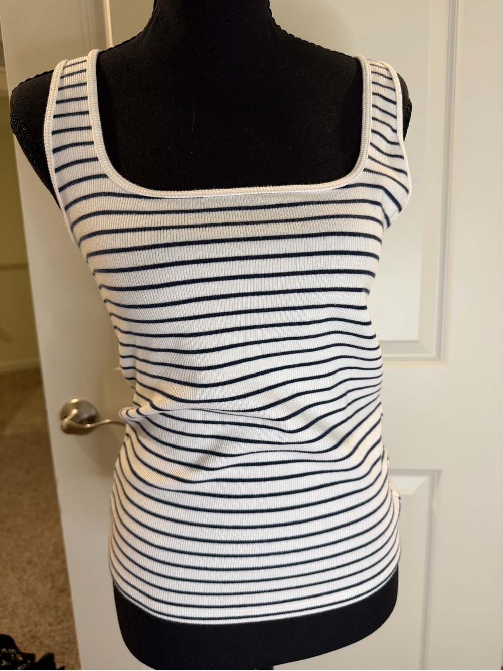 A&F White and Navy Striped Square-Neck Ribbed Tank Top